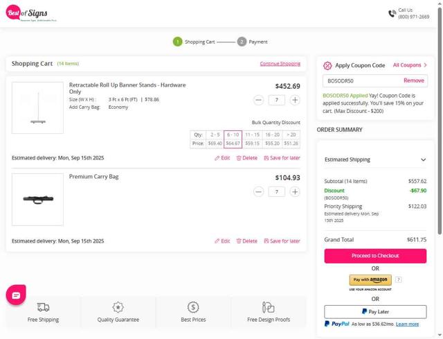 Best of Signs checkout page showing Best of Signs coupon code box | Screenshot taken by SimplyCodes community member on Sep 7, 2025