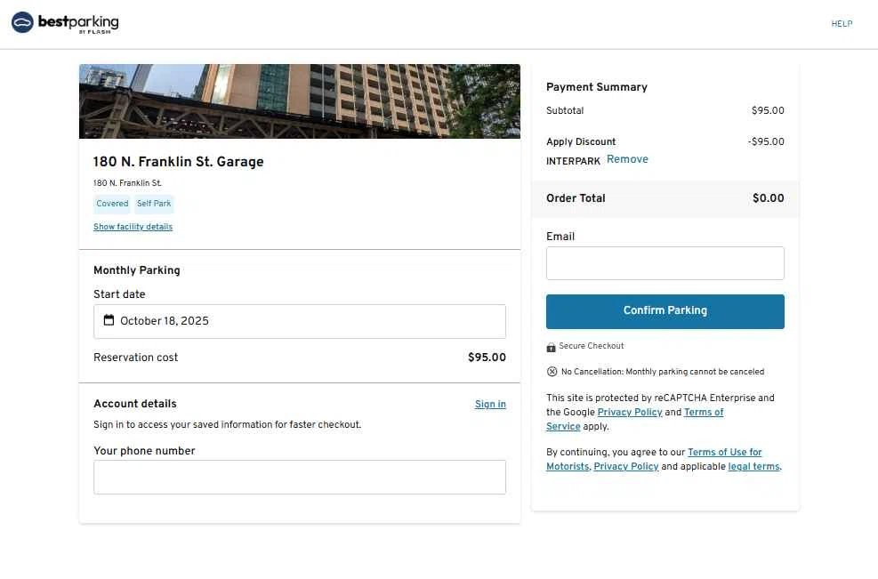 BestParking checkout page showing BestParking promo code box | Screenshot taken by SimplyCodes community member on Oct 19, 2025