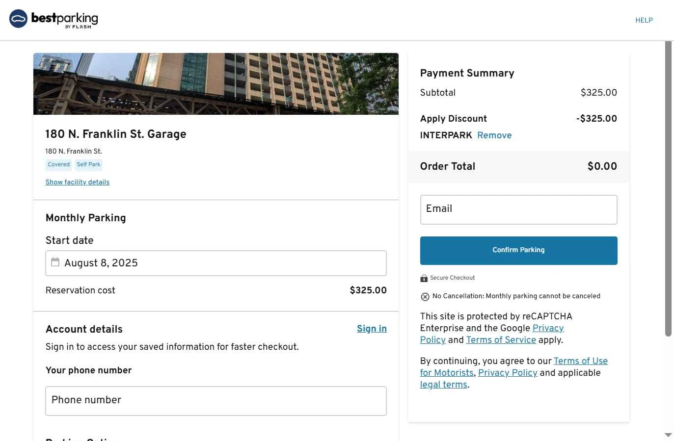 BestParking checkout page showing BestParking promo code box | Screenshot taken by SimplyCodes community member on Aug 8, 2025
