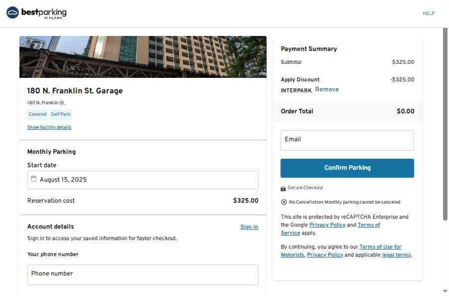 BestParking checkout page showing BestParking promo code box | Screenshot taken by SimplyCodes community member on Aug 15, 2025