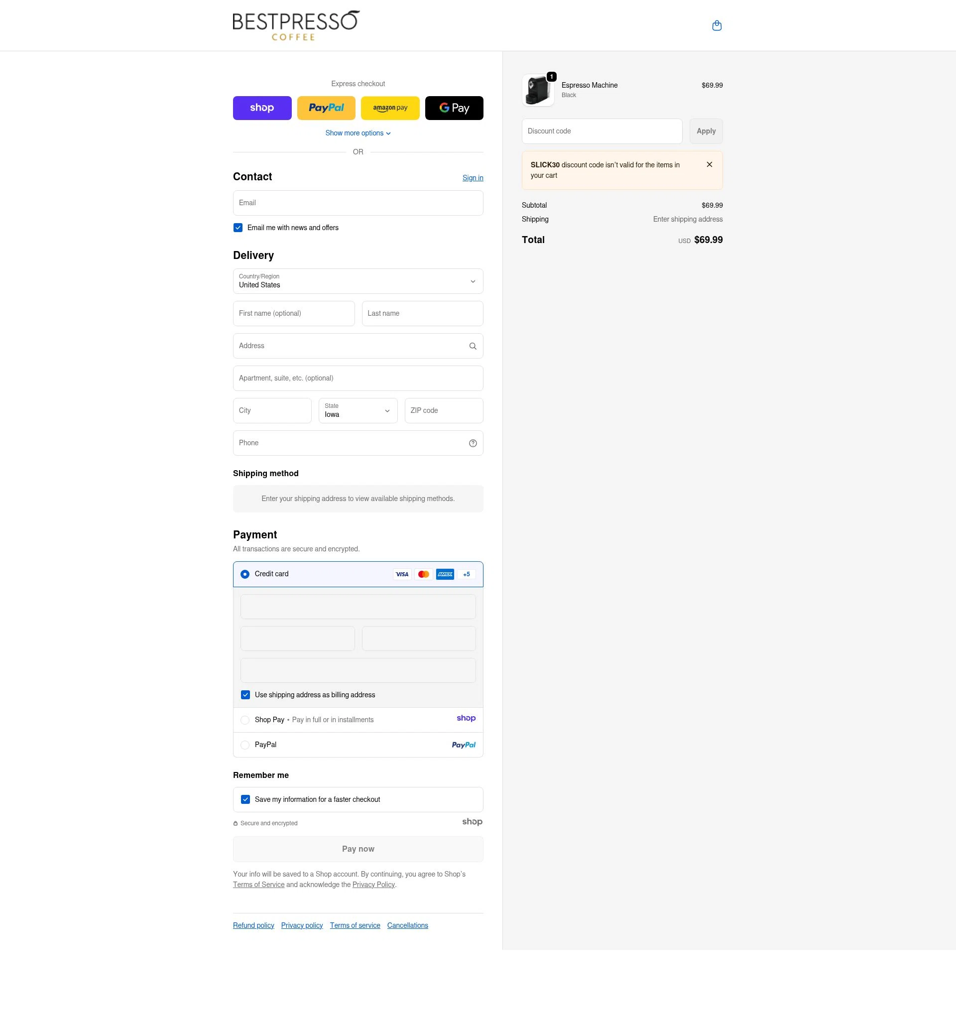 Bestpresso Coffee checkout page showing Bestpresso Coffee promo code box | Screenshot taken by SimplyCodes community member on Jan 8, 2026