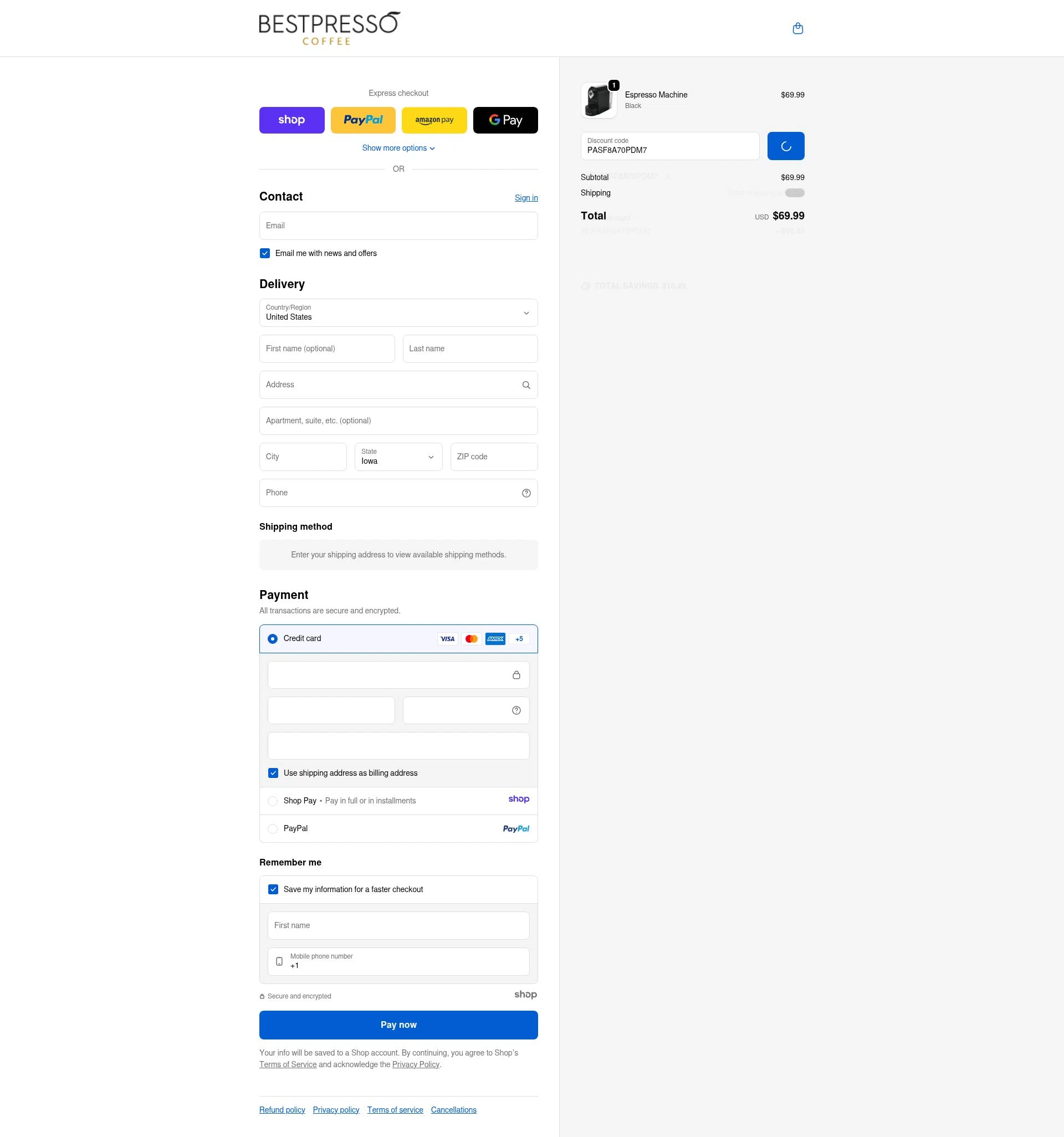 Bestpresso Coffee checkout page showing Bestpresso Coffee promo code box | Screenshot taken by SimplyCodes community member on Jan 8, 2026