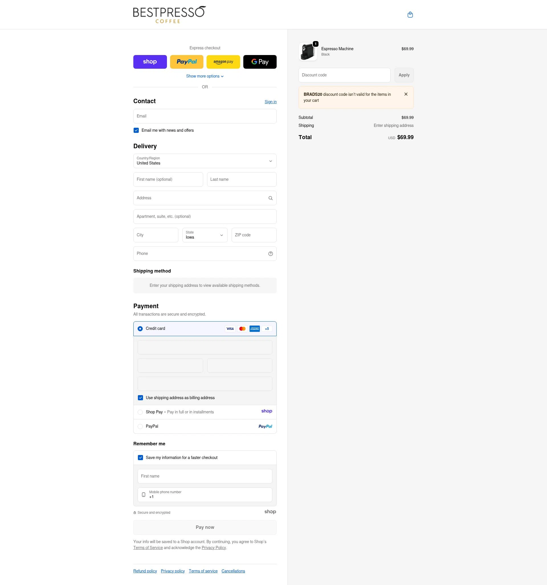 Bestpresso Coffee checkout page showing Bestpresso Coffee promo code box | Screenshot taken by SimplyCodes community member on Jan 8, 2026
