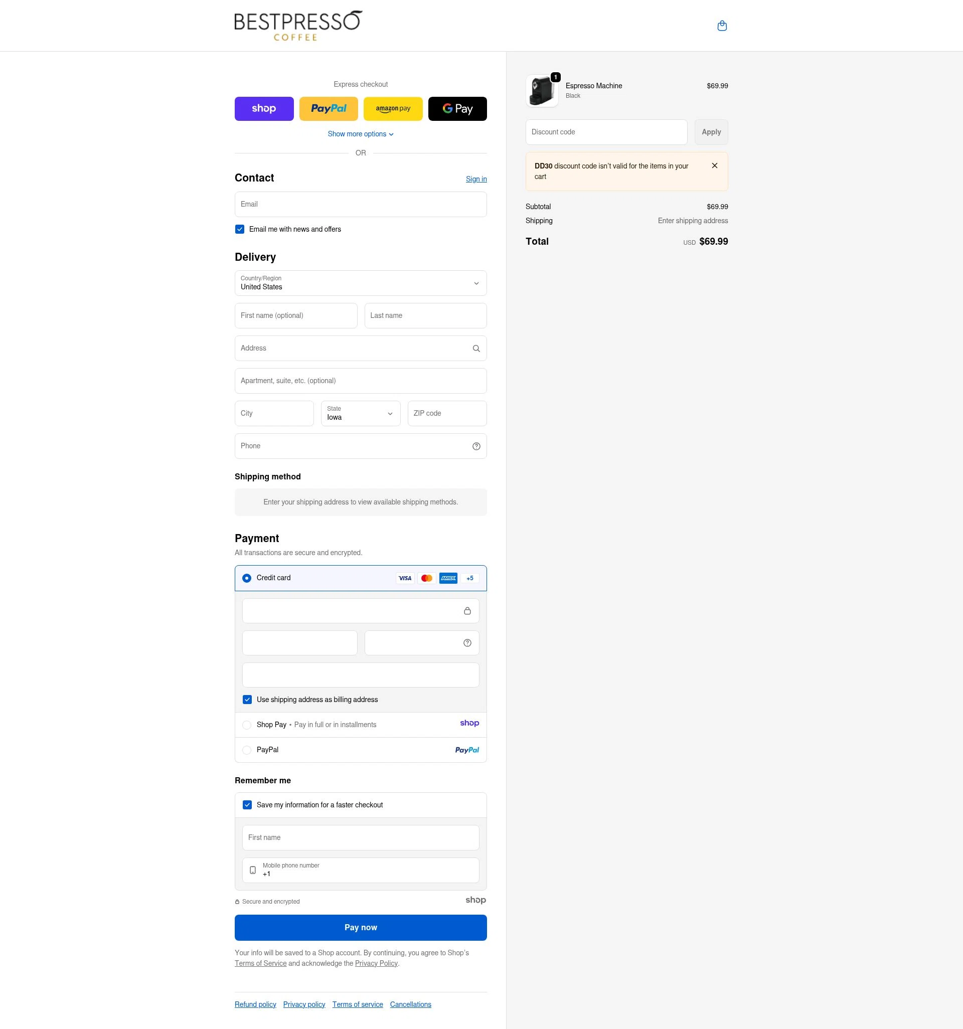 Bestpresso Coffee checkout page showing Bestpresso Coffee promo code box | Screenshot taken by SimplyCodes community member on Jan 8, 2026