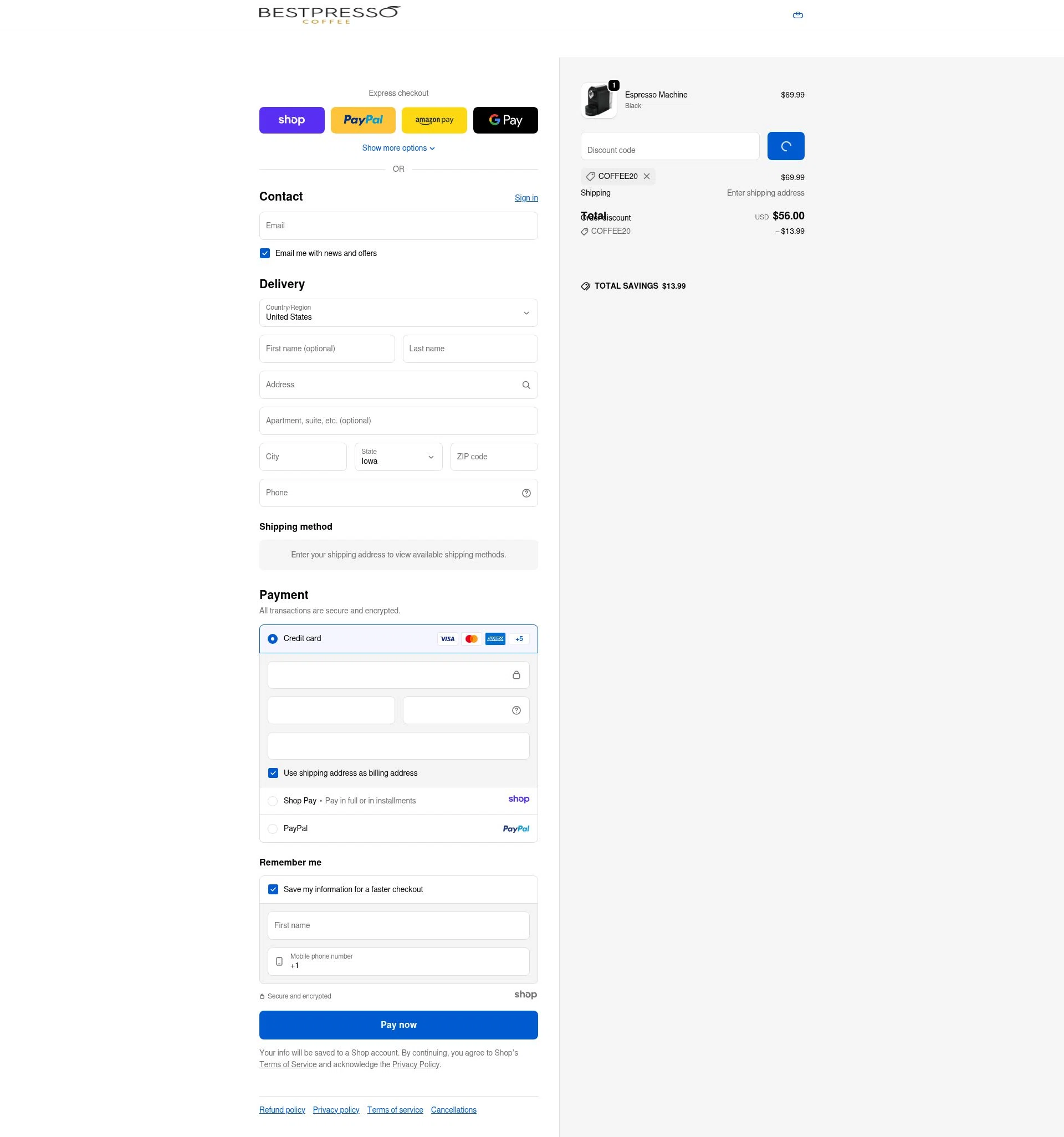 Bestpresso Coffee checkout page showing Bestpresso Coffee promo code box | Screenshot taken by SimplyCodes community member on Jan 8, 2026