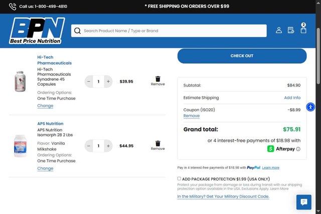 Best Price Nutrition checkout page showing Best Price Nutrition coupon code box | Screenshot taken by SimplyCodes community member on Aug 27, 2025