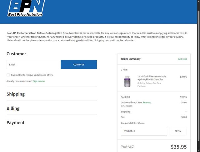 Best Price Nutrition checkout page showing Best Price Nutrition coupon code box | Screenshot taken by SimplyCodes community member on Sep 4, 2025
