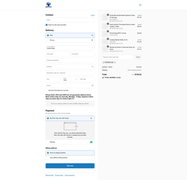 Best Price Nutrition checkout page showing Best Price Nutrition coupon code box | Screenshot taken by SimplyCodes community member on Sep 4, 2025