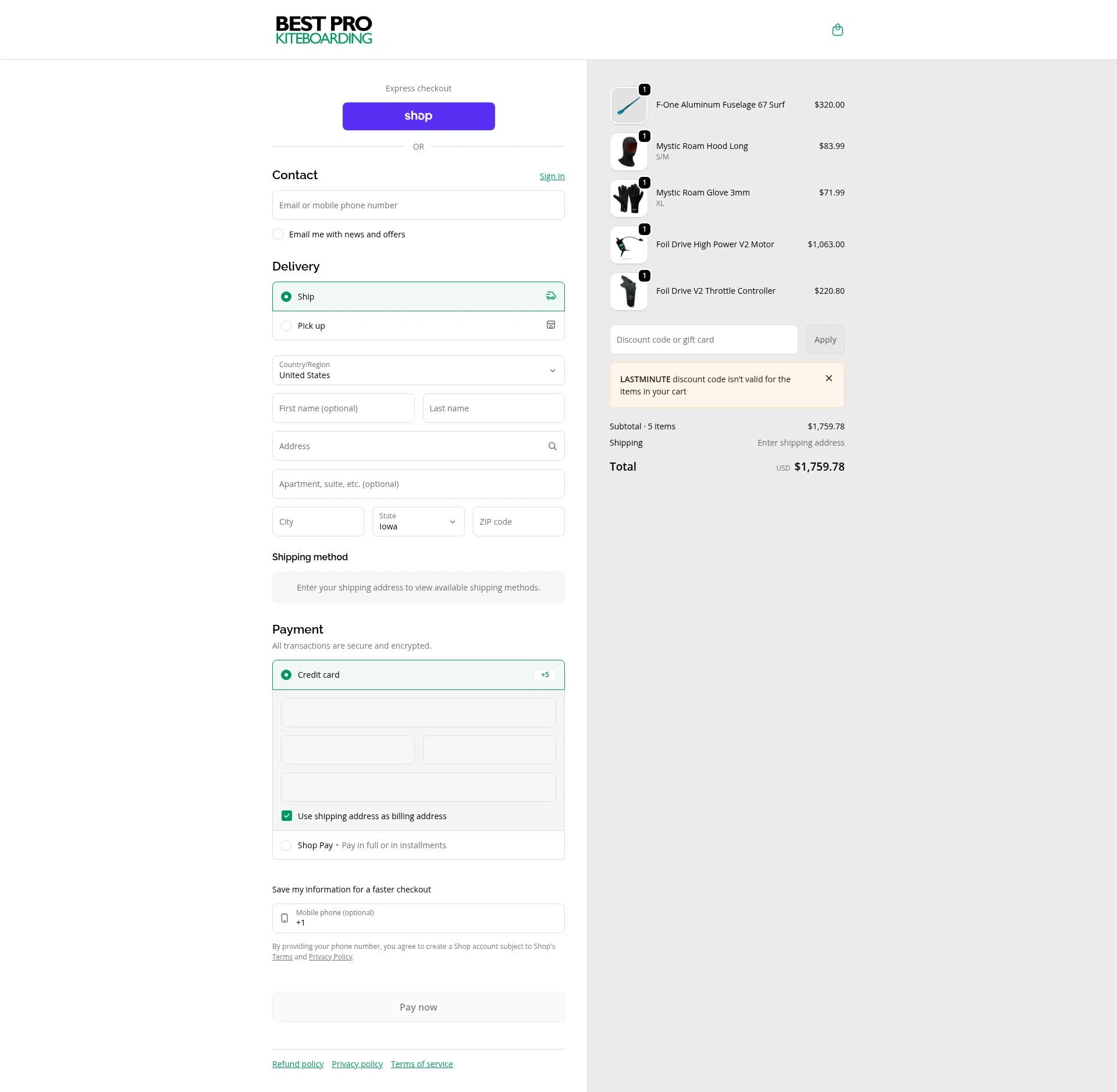 Best Pro Kiteboarding checkout page showing Best Pro Kiteboarding promo code box | Screenshot taken by SimplyCodes community member on Feb 19, 2026