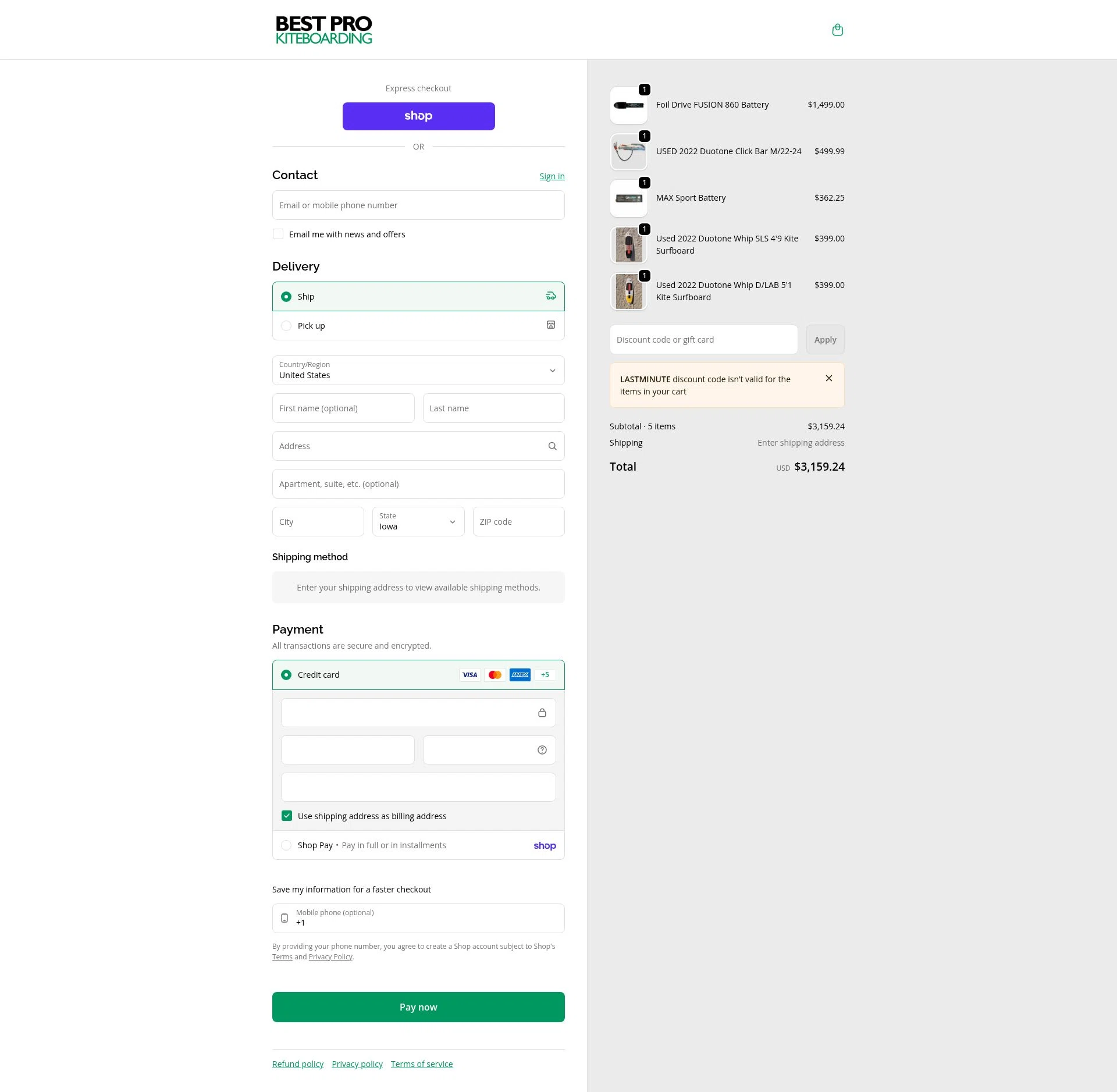 Best Pro Kiteboarding checkout page showing Best Pro Kiteboarding promo code box | Screenshot taken by SimplyCodes community member on Feb 2, 2026