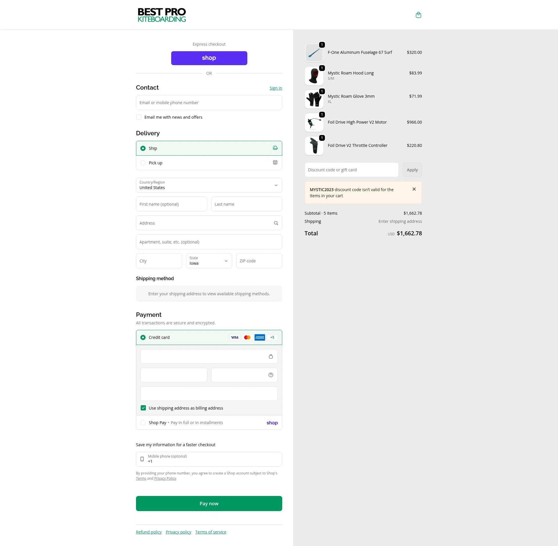 Best Pro Kiteboarding checkout page showing Best Pro Kiteboarding promo code box | Screenshot taken by SimplyCodes community member on Feb 10, 2026