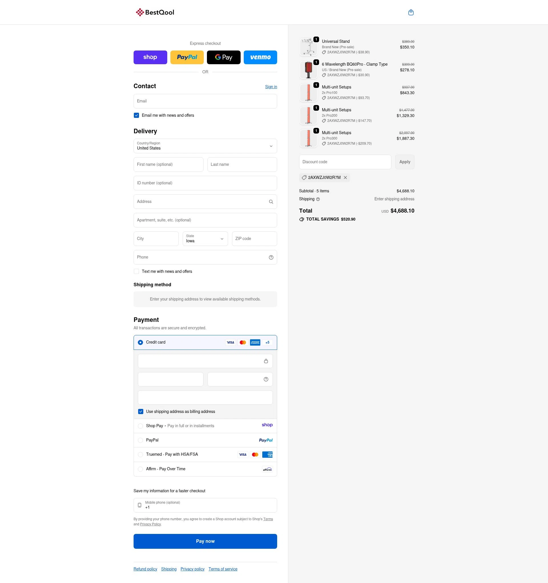 BESTQOOL checkout page showing BESTQOOL discount code box | Screenshot taken by SimplyCodes community member on Jan 10, 2026