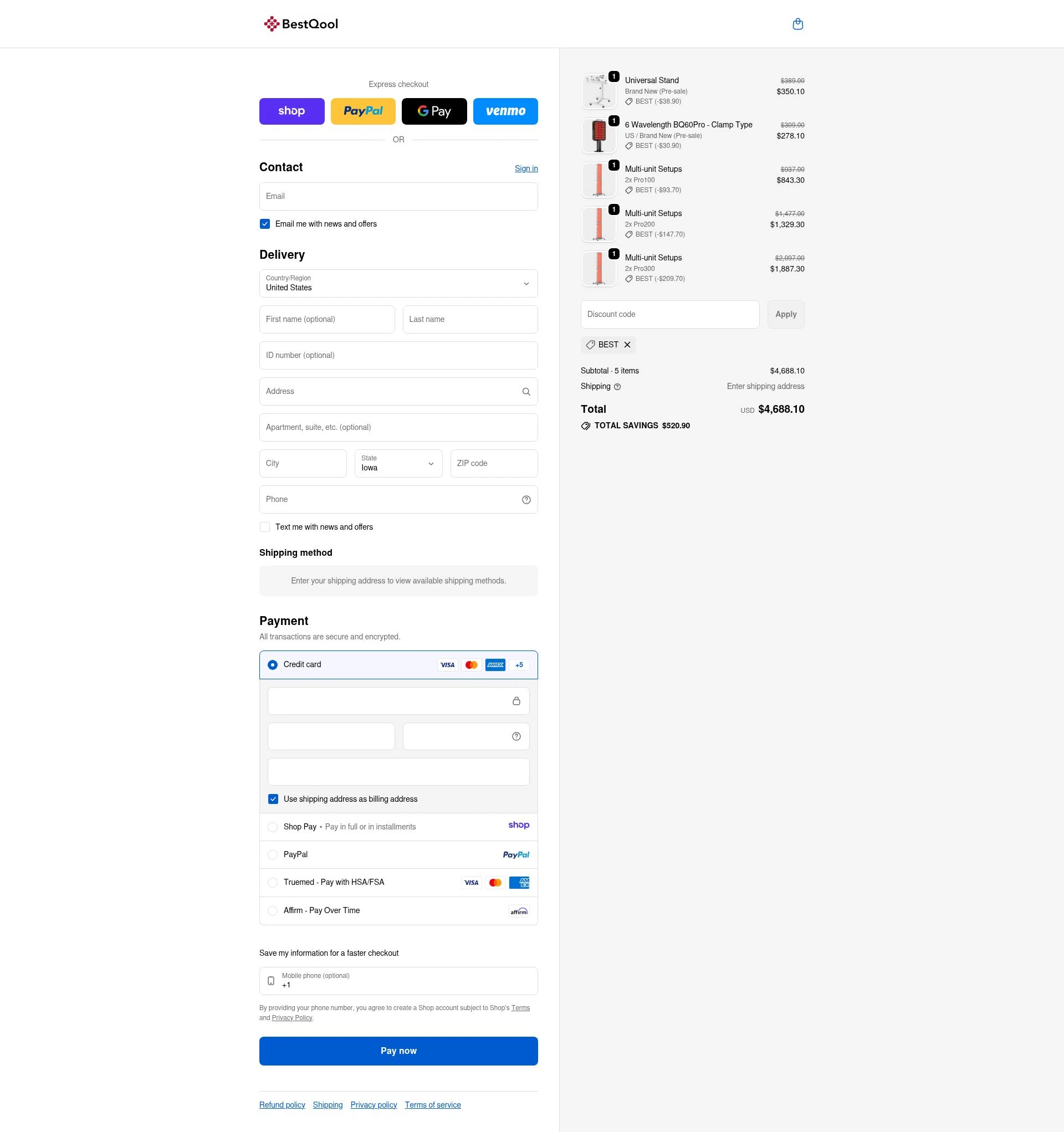 BESTQOOL checkout page showing BESTQOOL discount code box | Screenshot taken by SimplyCodes community member on Jan 10, 2026