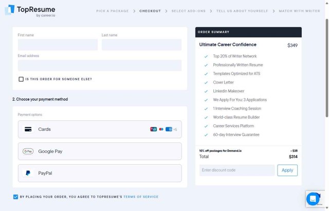 TopResume checkout page showing TopResume discount code box | Screenshot taken by SimplyCodes community member on Jul 23, 2025