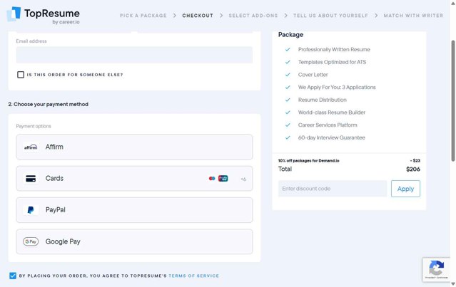 TopResume checkout page showing TopResume discount code box | Screenshot taken by SimplyCodes community member on Sep 6, 2025
