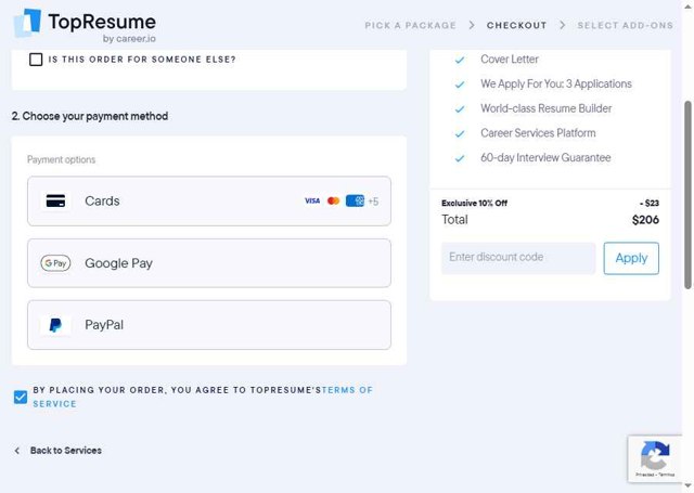 TopResume checkout page showing TopResume discount code box | Screenshot taken by SimplyCodes community member on May 26, 2025