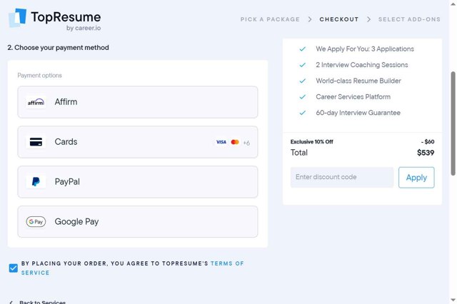 TopResume checkout page showing TopResume discount code box | Screenshot taken by SimplyCodes community member on Jun 26, 2025