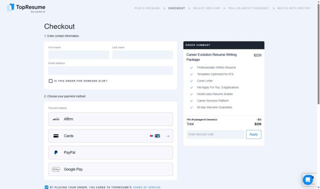 TopResume checkout page showing TopResume discount code box | Screenshot taken by SimplyCodes community member on Jul 23, 2025