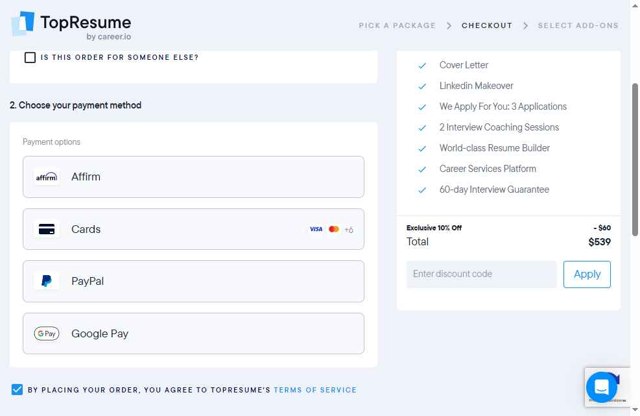 TopResume checkout page showing TopResume discount code box | Screenshot taken by SimplyCodes community member on Jun 26, 2025
