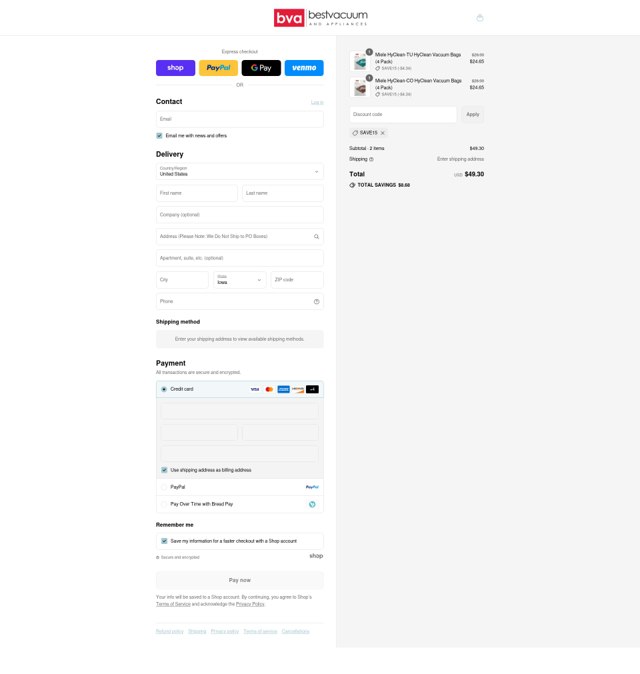Best Vacuum checkout page showing Best Vacuum discount code box | Screenshot taken by SimplyCodes community member on Sep 4, 2025