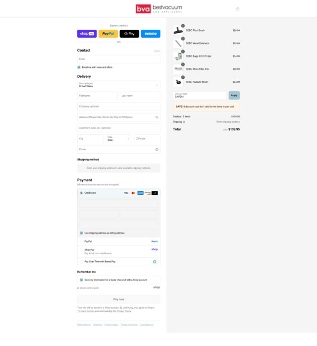 Best Vacuum checkout page showing Best Vacuum discount code box | Screenshot taken by SimplyCodes community member on Aug 17, 2025