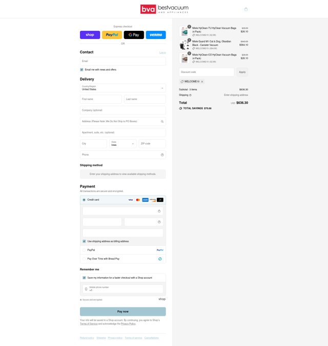 Best Vacuum checkout page showing Best Vacuum discount code box | Screenshot taken by SimplyCodes community member on Aug 30, 2025