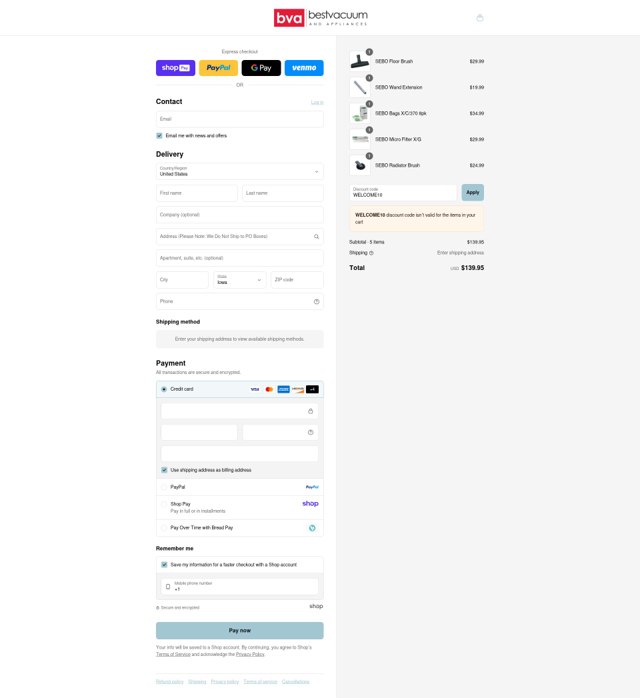 Best Vacuum checkout page showing Best Vacuum discount code box | Screenshot taken by SimplyCodes community member on Aug 15, 2025