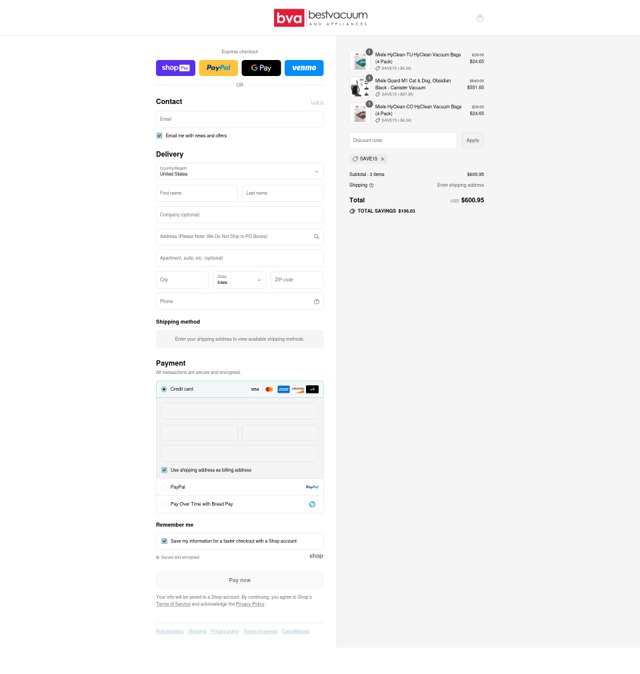 Best Vacuum checkout page showing Best Vacuum discount code box | Screenshot taken by SimplyCodes community member on Aug 26, 2025