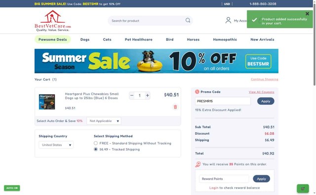 Best Vet Care checkout page showing Best Vet Care promo code box | Screenshot taken by SimplyCodes community member on Aug 31, 2025