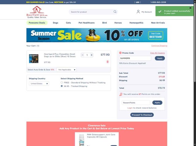Best Vet Care checkout page showing Best Vet Care promo code box | Screenshot taken by SimplyCodes community member on Aug 29, 2025