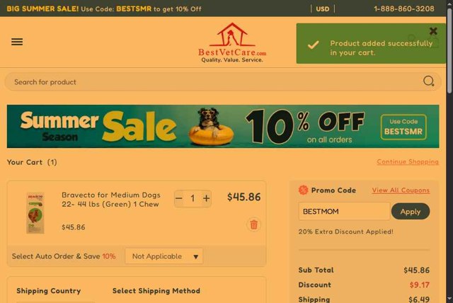 Best Vet Care checkout page showing Best Vet Care promo code box | Screenshot taken by SimplyCodes community member on Aug 25, 2025