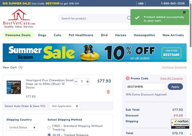 Best Vet Care checkout page showing Best Vet Care promo code box | Screenshot taken by SimplyCodes community member on Aug 29, 2025