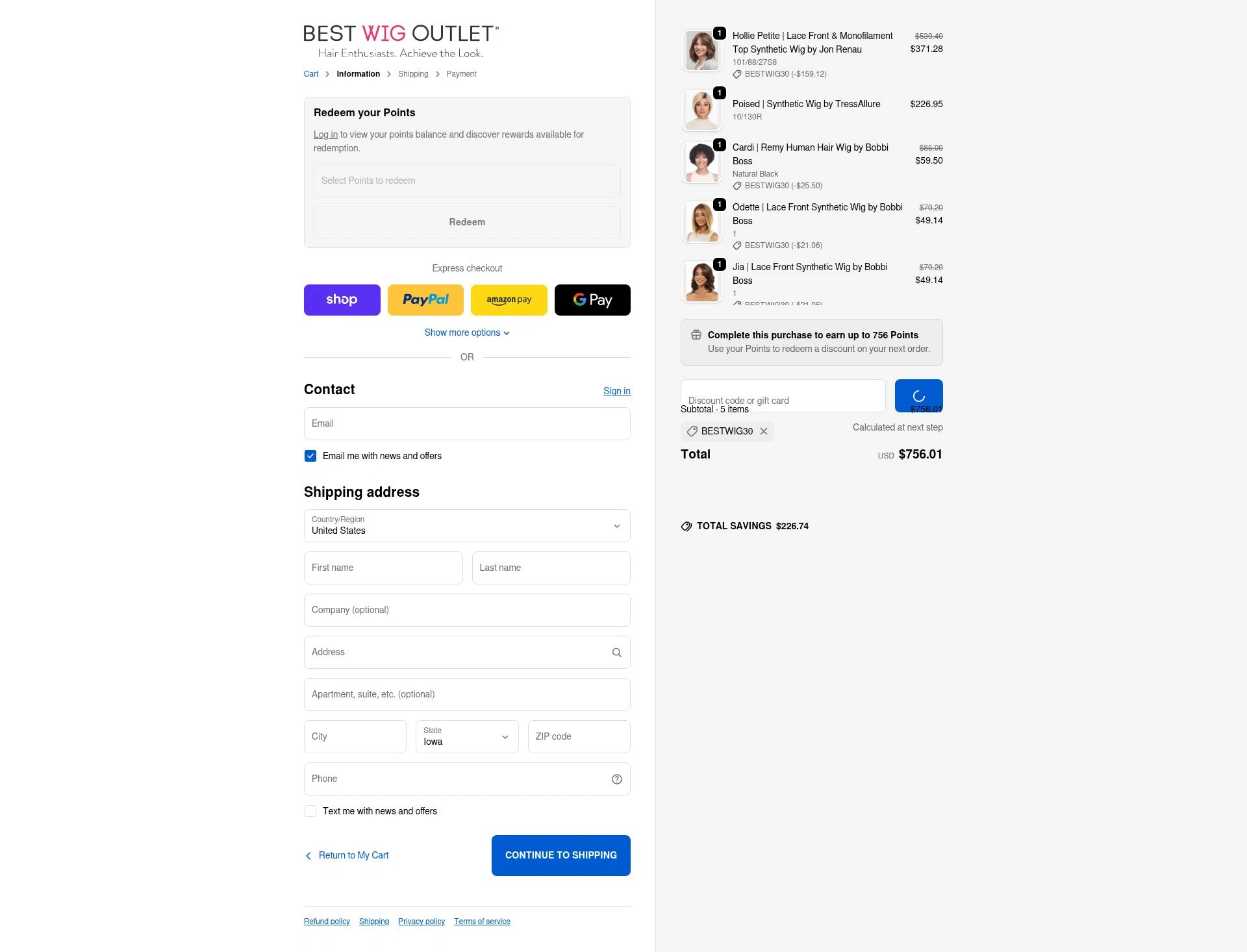 Best Wig Outlet checkout page showing Best Wig Outlet promo code box | Screenshot taken by SimplyCodes community member on Jan 2, 2026