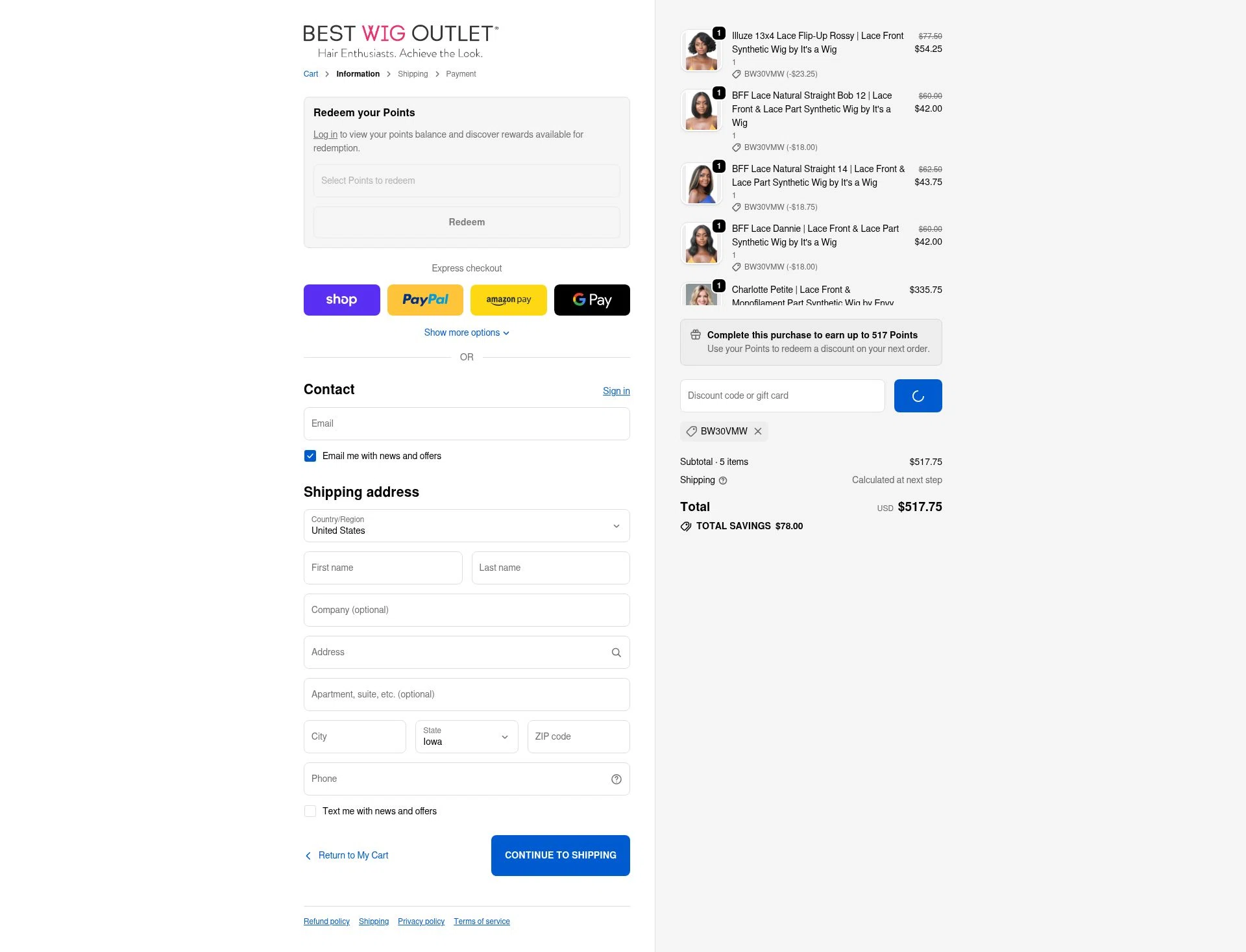 Best Wig Outlet checkout page showing Best Wig Outlet promo code box | Screenshot taken by SimplyCodes community member on Dec 28, 2025