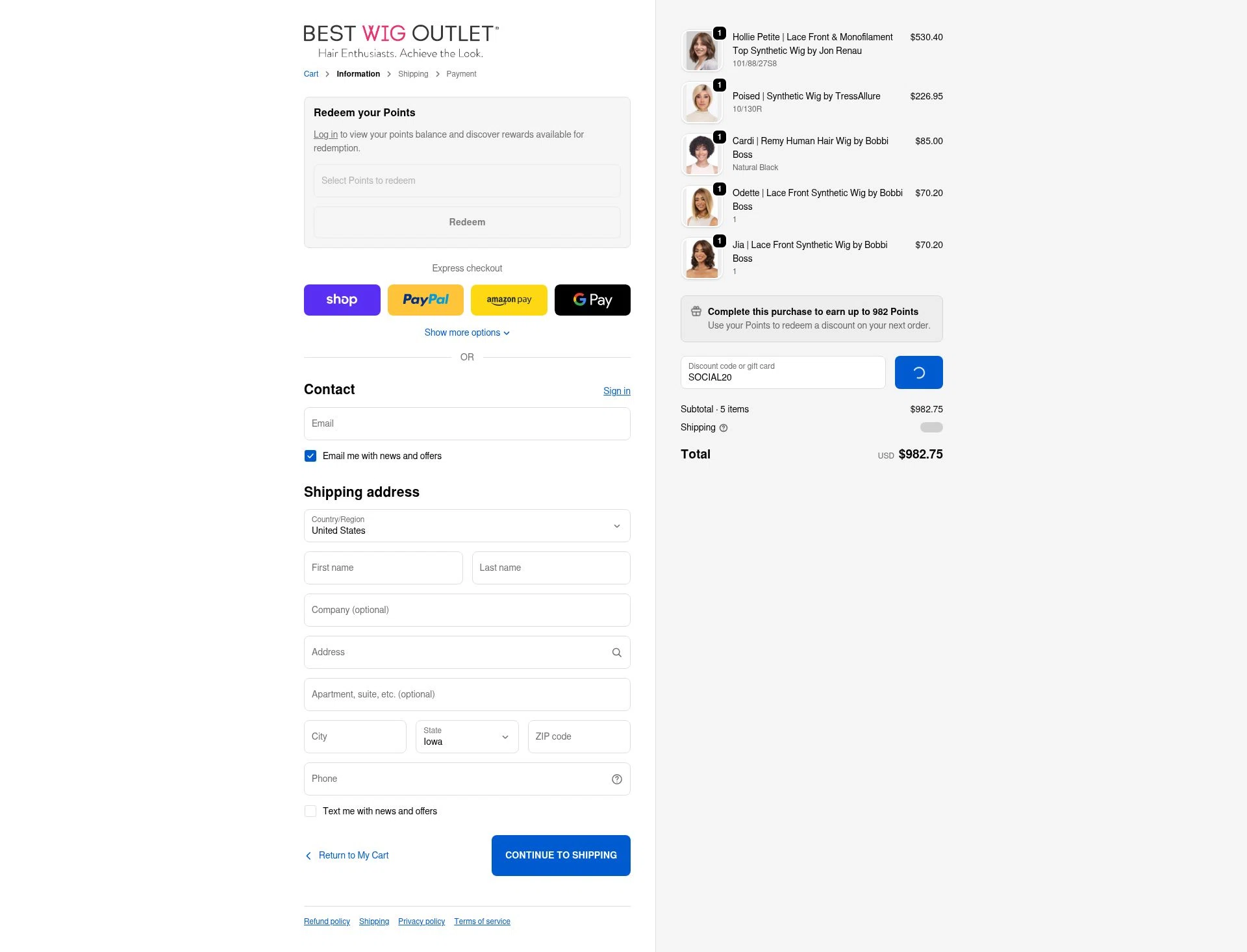Best Wig Outlet checkout page showing Best Wig Outlet promo code box | Screenshot taken by SimplyCodes community member on Jan 2, 2026