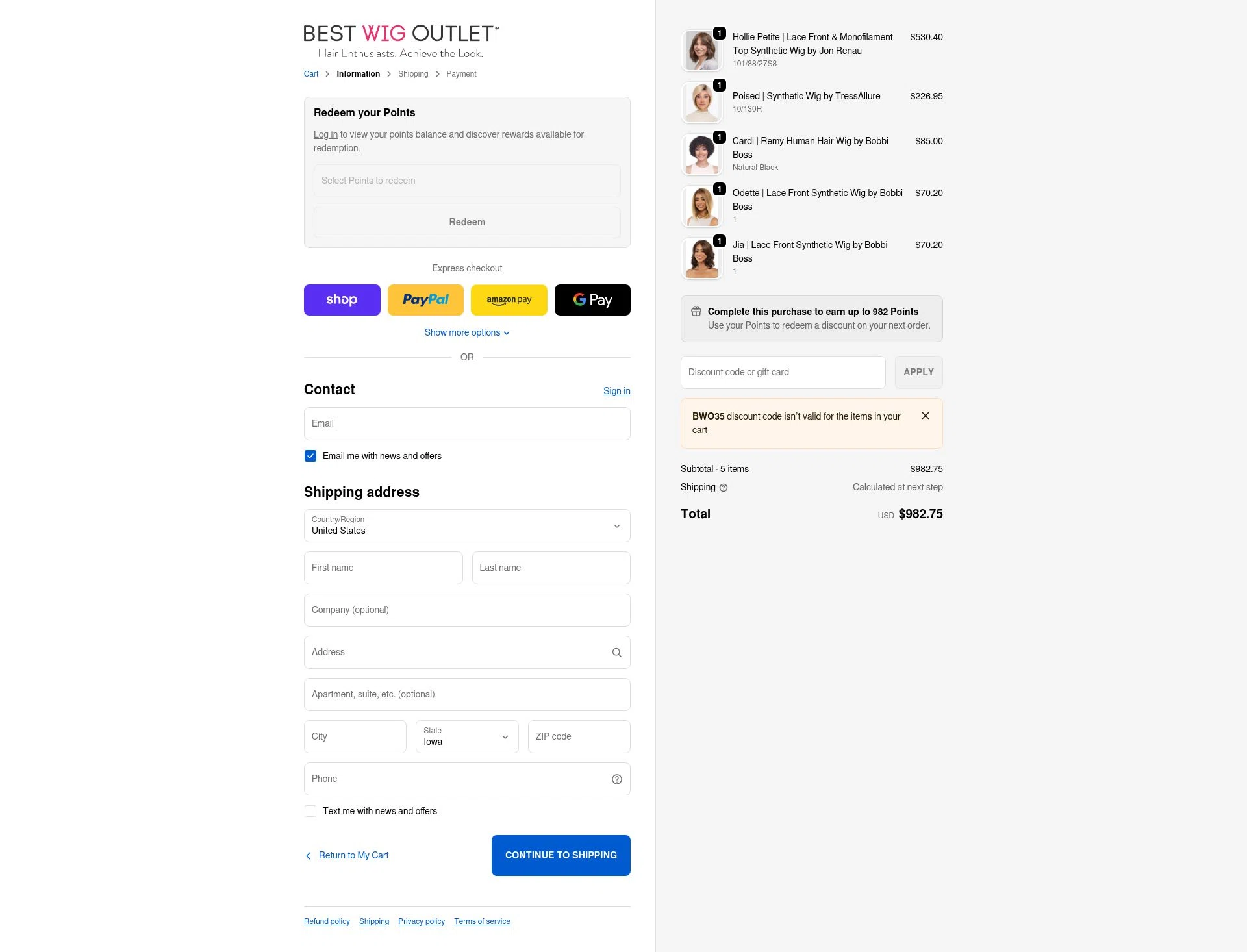 Best Wig Outlet checkout page showing Best Wig Outlet promo code box | Screenshot taken by SimplyCodes community member on Jan 2, 2026