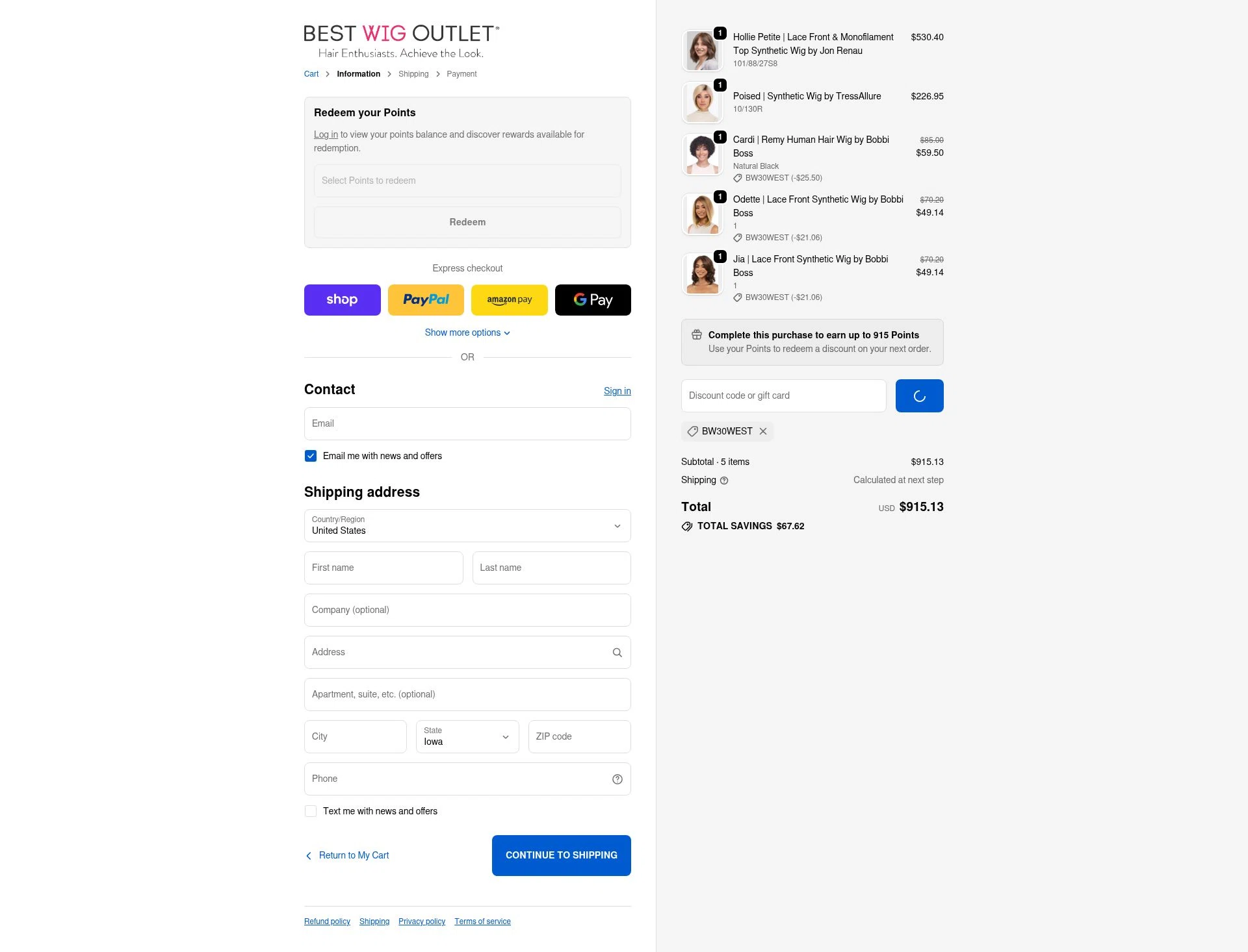Best Wig Outlet checkout page showing Best Wig Outlet promo code box | Screenshot taken by SimplyCodes community member on Jan 2, 2026