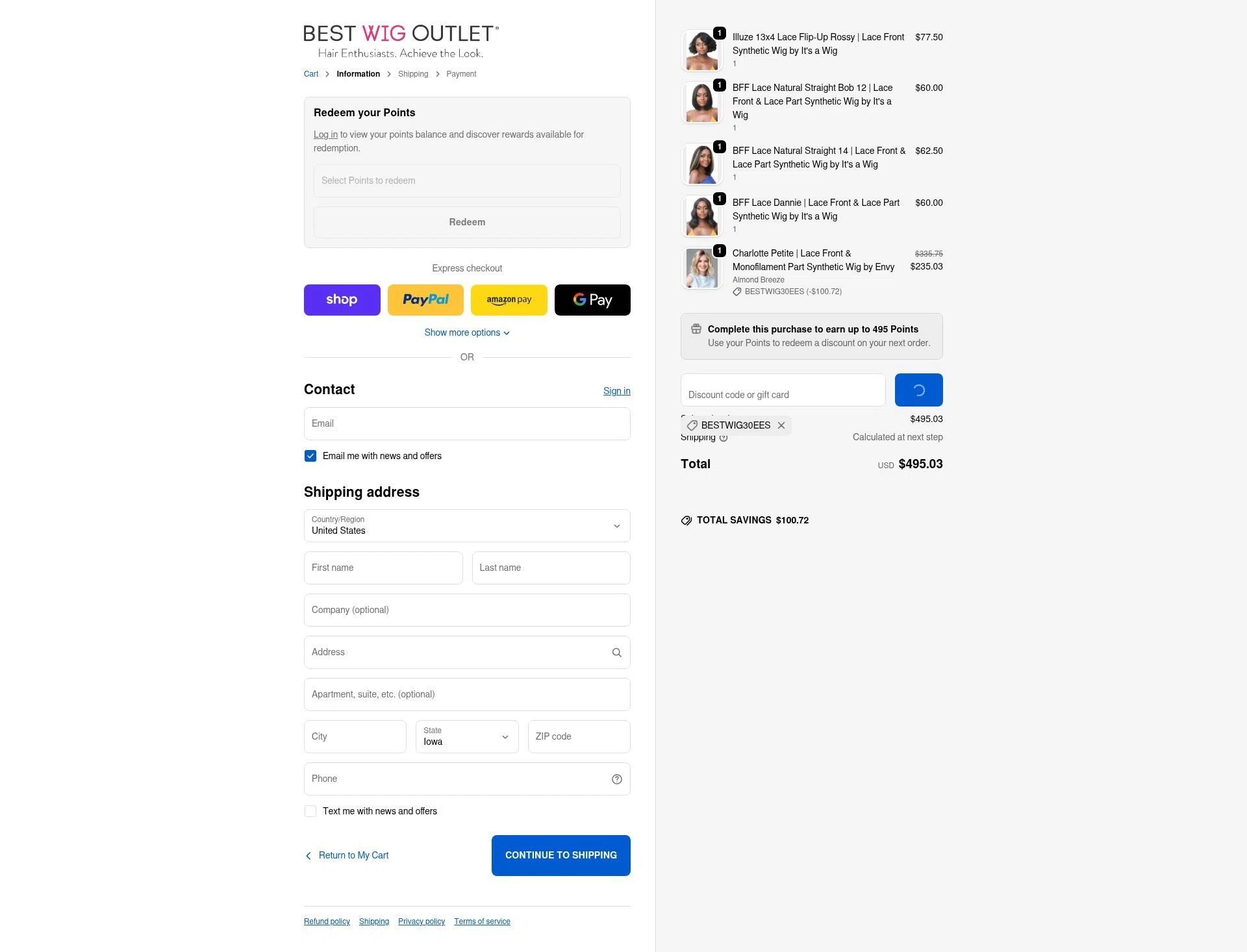 Best Wig Outlet checkout page showing Best Wig Outlet promo code box | Screenshot taken by SimplyCodes community member on Dec 28, 2025