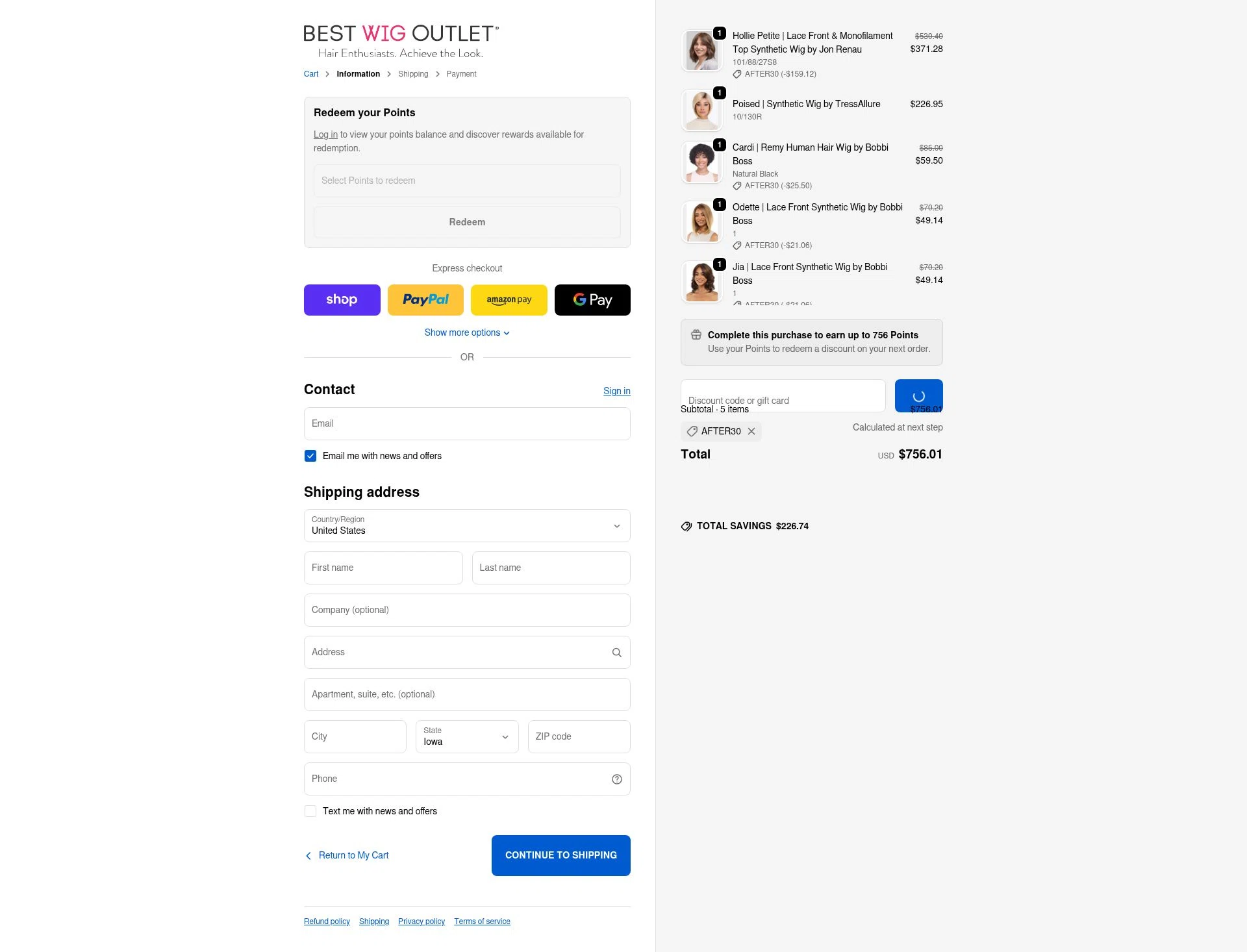 Best Wig Outlet checkout page showing Best Wig Outlet promo code box | Screenshot taken by SimplyCodes community member on Jan 2, 2026