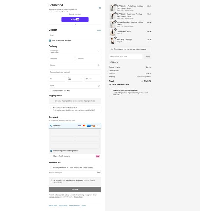 Betabrand checkout page showing Betabrand discount code box | Screenshot taken by SimplyCodes community member on Aug 27, 2025