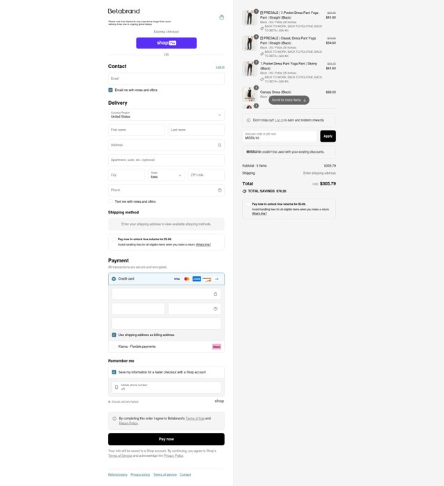 Betabrand checkout page showing Betabrand discount code box | Screenshot taken by SimplyCodes community member on Aug 27, 2025