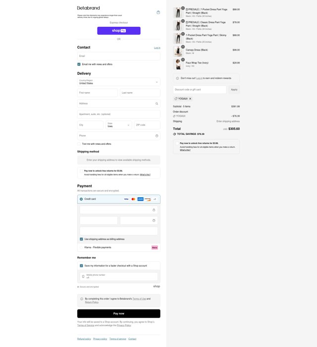 Betabrand checkout page showing Betabrand discount code box | Screenshot taken by SimplyCodes community member on Aug 27, 2025