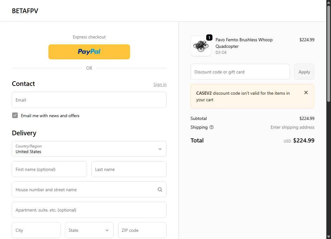 BETAFPV checkout page showing BETAFPV discount code box | Screenshot taken by SimplyCodes community member on Feb 5, 2026