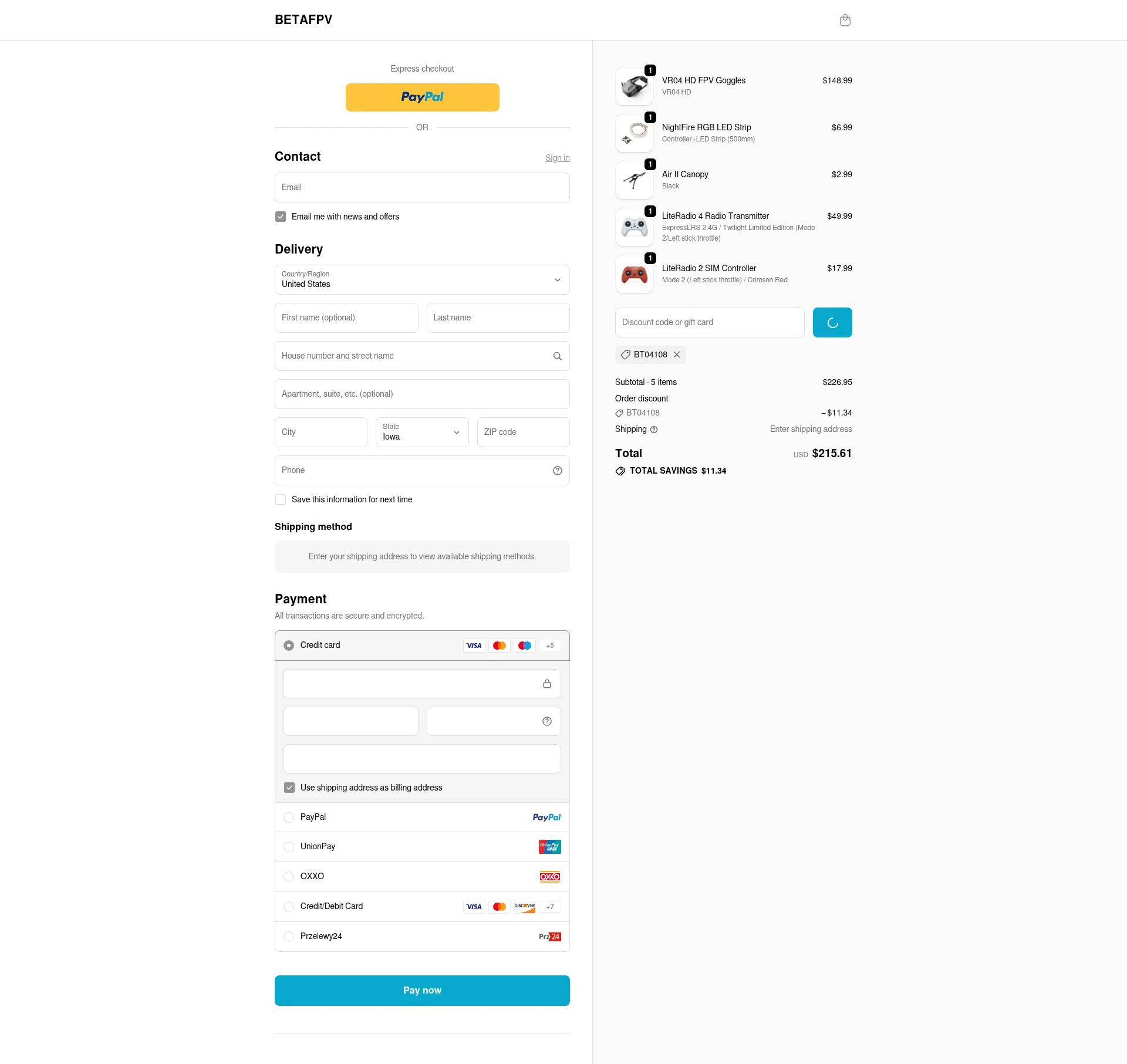 BETAFPV checkout page showing BETAFPV discount code box | Screenshot taken by SimplyCodes community member on Feb 8, 2026