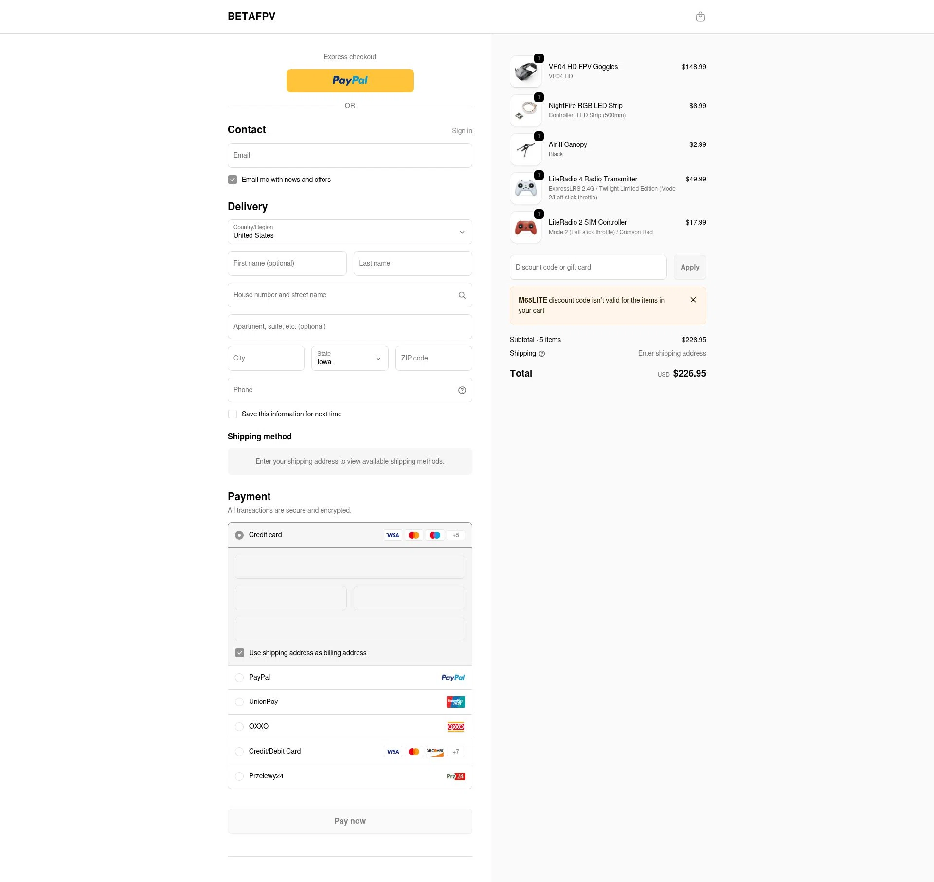 BETAFPV checkout page showing BETAFPV discount code box | Screenshot taken by SimplyCodes community member on Feb 7, 2026
