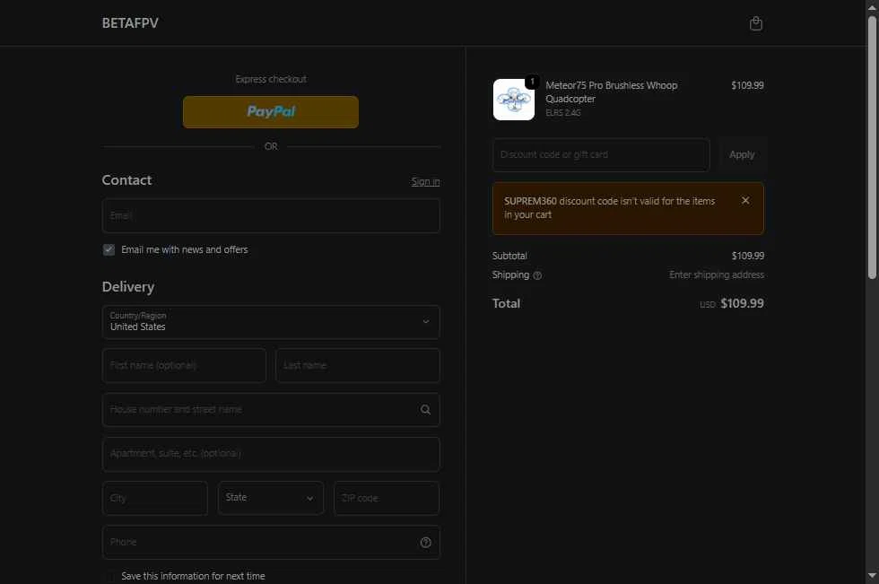 BETAFPV checkout page showing BETAFPV discount code box | Screenshot taken by SimplyCodes community member on Feb 6, 2026