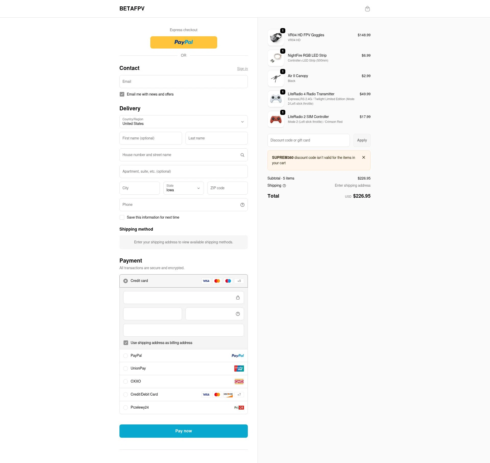 BETAFPV checkout page showing BETAFPV discount code box | Screenshot taken by SimplyCodes community member on Feb 5, 2026
