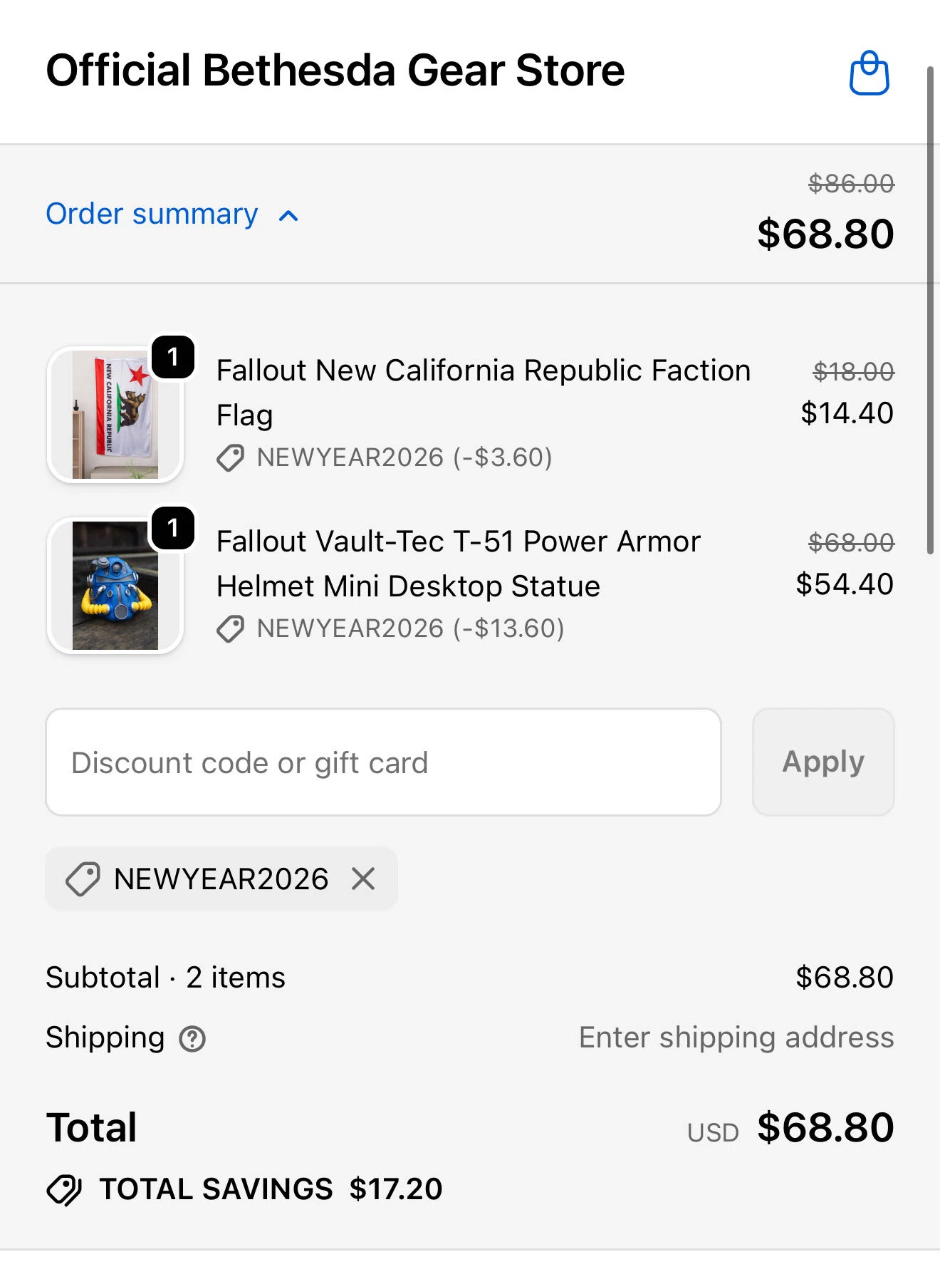 Bethesda discount code screenshot showing code NEWYEAR2026 applied at Bethesda checkout page. Uploaded by SimplyCodes community member VictoriousRanger8519 on Dec 28, 2025