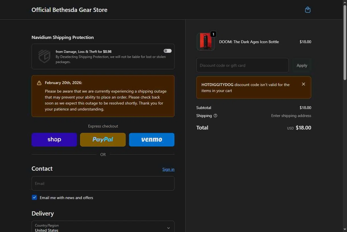 Bethesda checkout page showing Bethesda discount code box | Screenshot taken by SimplyCodes community member on Feb 21, 2026