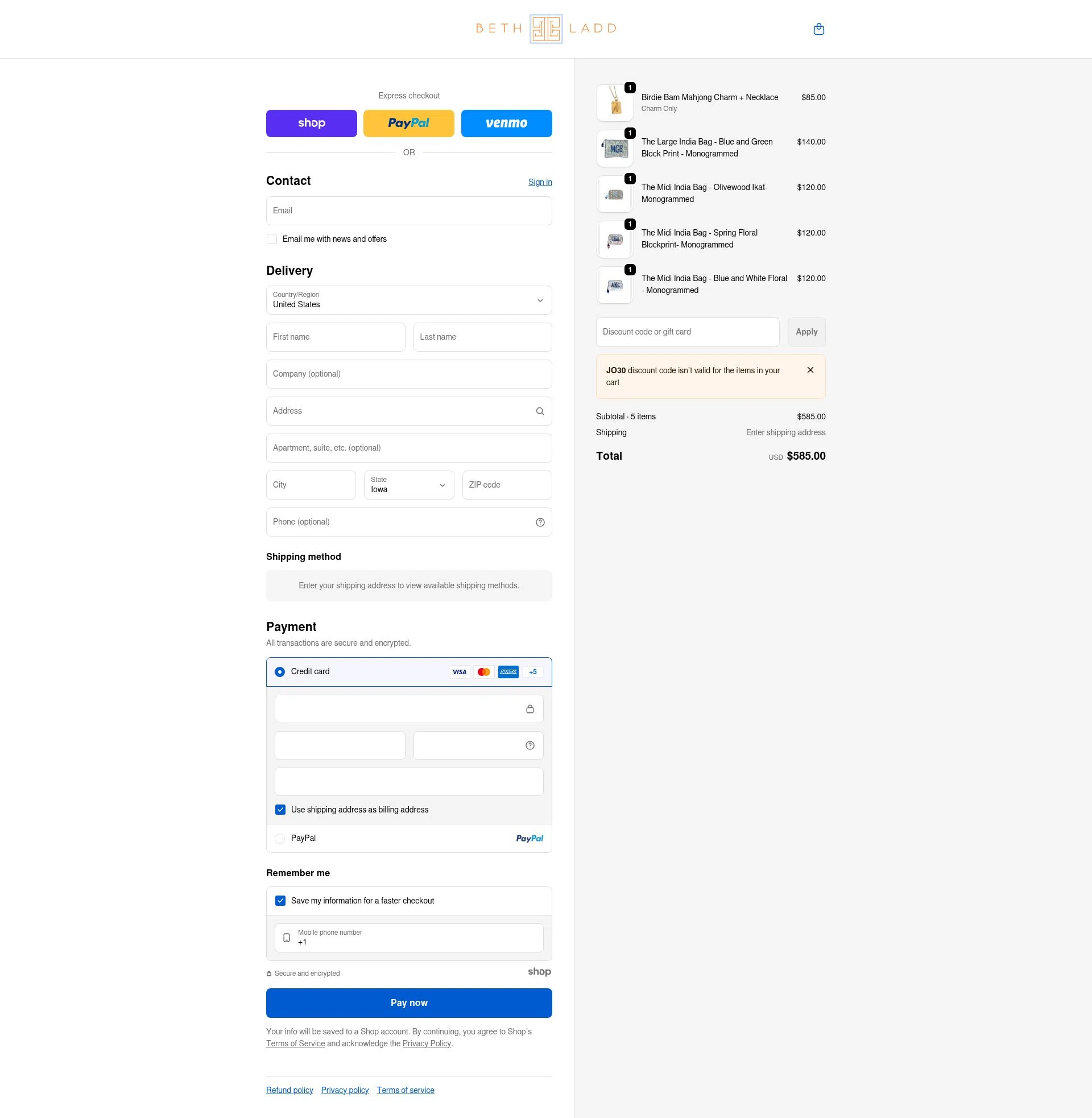 Beth Ladd Collections checkout page showing Beth Ladd Collections promo code box | Screenshot taken by SimplyCodes community member on Jan 1, 2026